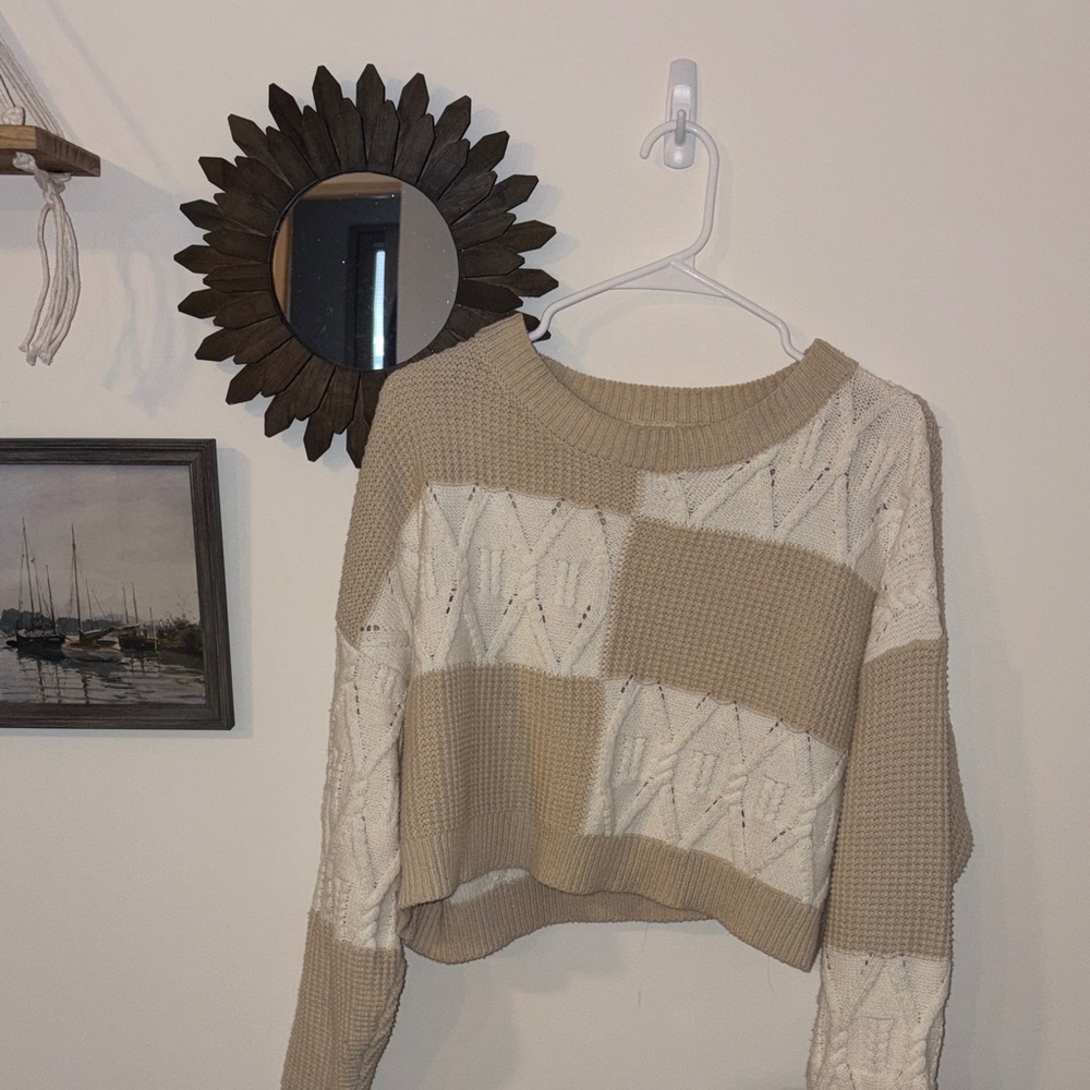 Altar'd State Cream and Beige Cropped Cable Knit Sweater